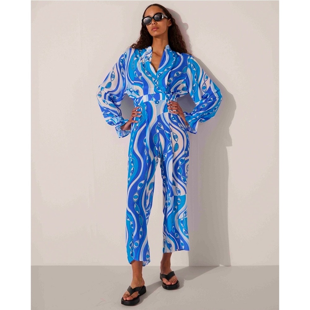 Paolita Blue Silk Psychedelic Eye Print Wide Leg Jumpsuit XS Long Sleeve